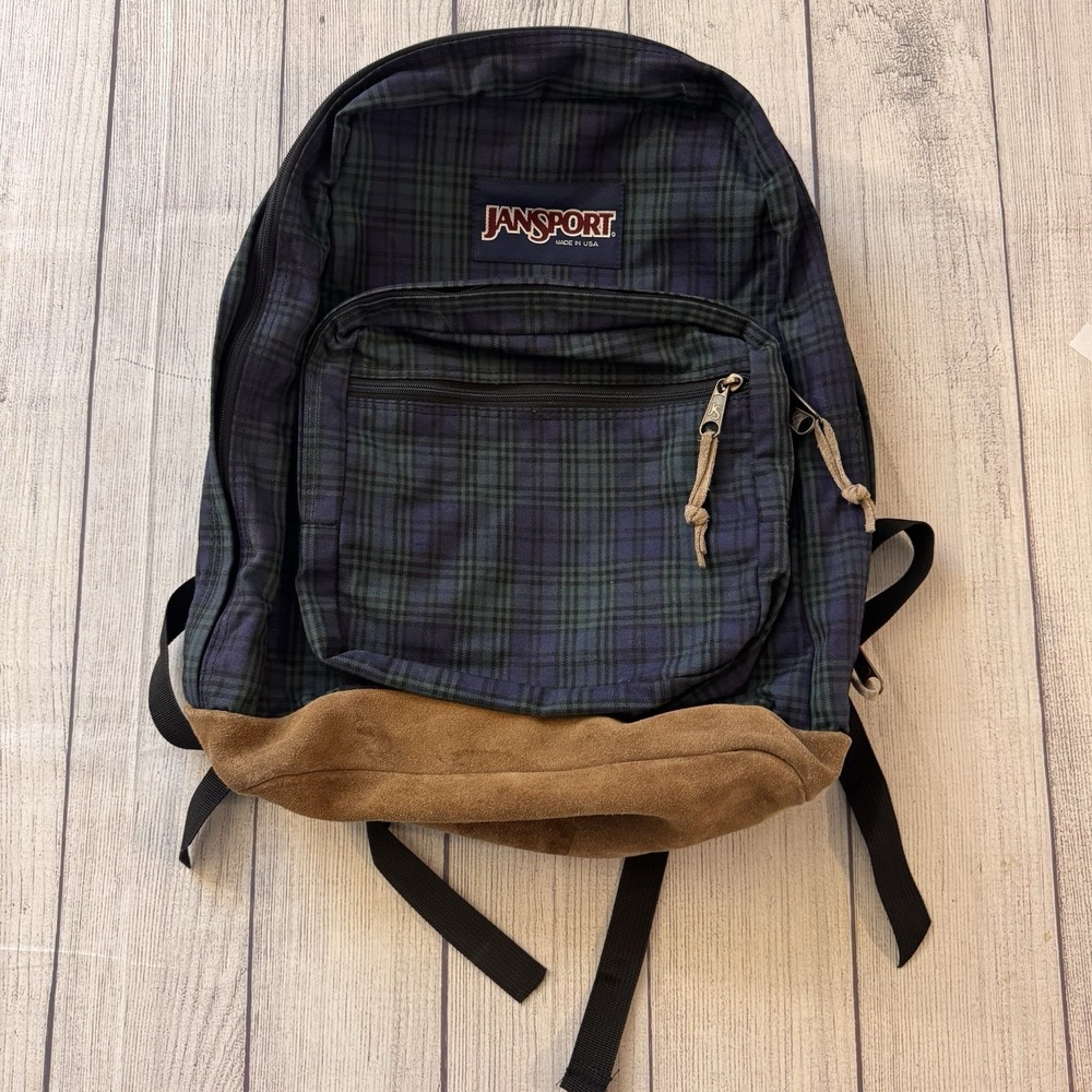 Jansport Backpack Blackwatch Tartan Plaid Suede Leather Bottom Made USA Vintage